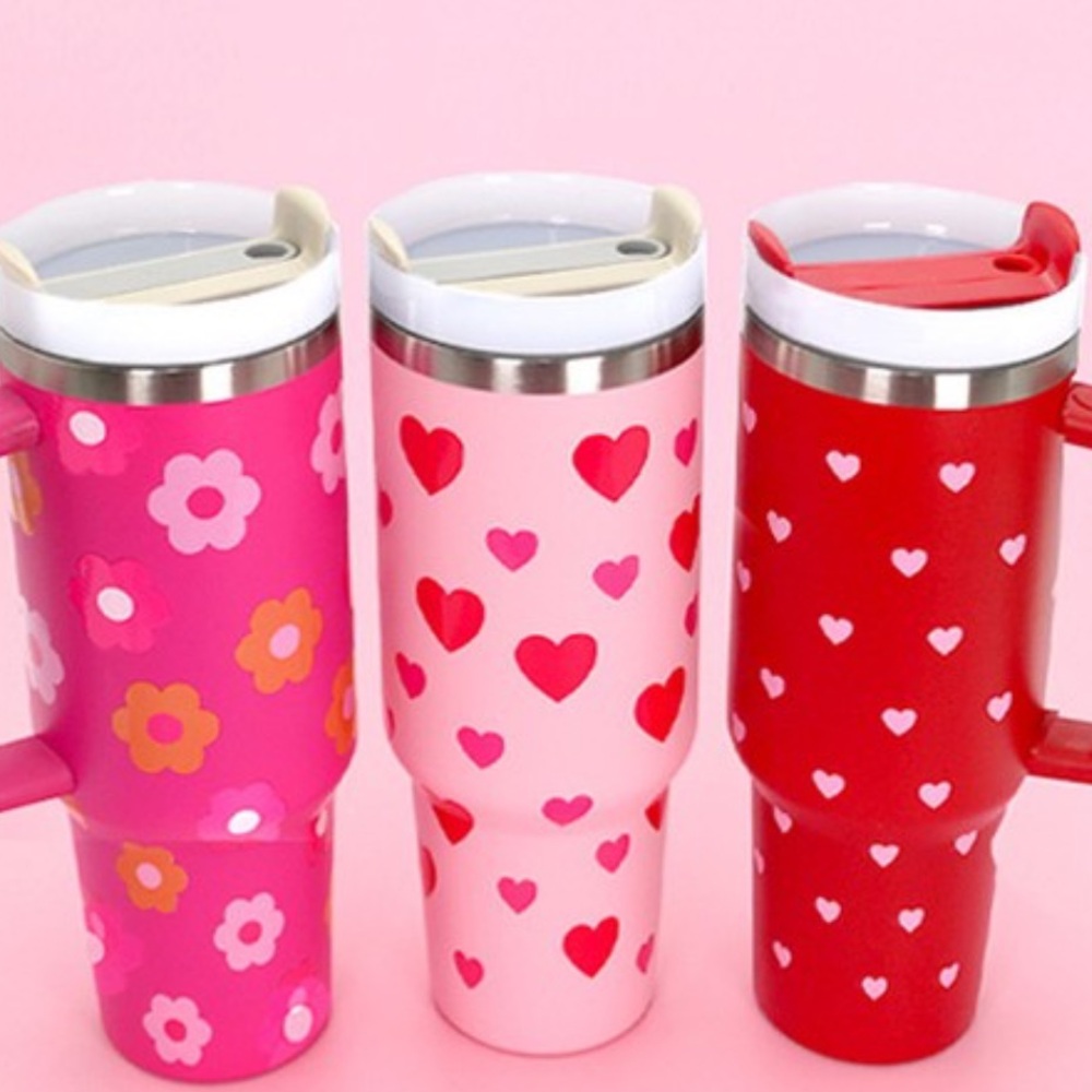 Light Pink with Red Hearts 40 oz Stainless Steel Tumbler